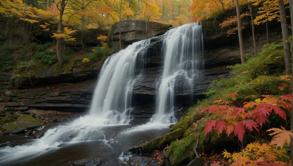 Fototapeta na wymiar waterfall in the forest, waterfall in autumn forest, waterfall in autumn