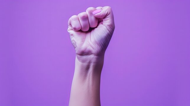 Raised purple fist of a woman for international women's day and the feminist movement. March 8 for feminism, independence, freedom, empowerment, and activism for women rights