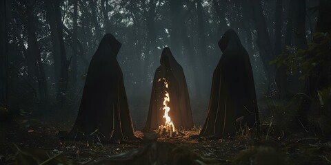 Witches in black cloaks performing a ritual in a dark forest setting a spooky Halloween scene. Concept Halloween, Witches, Ritual, Dark Forest, Spooky - obrazy, fototapety, plakaty