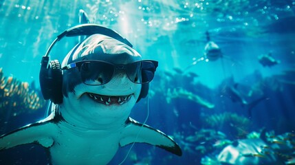 shark with glasses and headphones