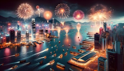 Spectacular Fireworks Display over Hong Kong Harbor