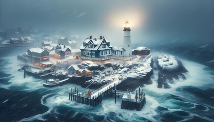 Seaside New England Town during Snowstorm - obrazy, fototapety, plakaty