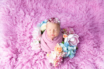 The little newly born child is swaddled in a cocoon. photo session of the newborn. sleeping child row of flowers