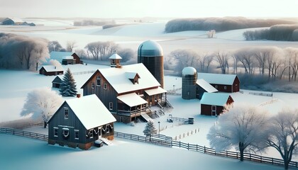 Snow-Covered Farm in Midwest USA - obrazy, fototapety, plakaty