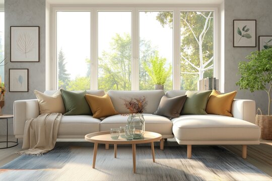 Interior design of modern apartment with bright sofa, table home plants and decoration. Interior mockup. Scandinavian interior design. Generative AI