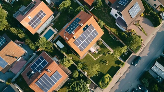 Aerial view of residential houses with solar panels, promoting sustainable energy and environmental conservation