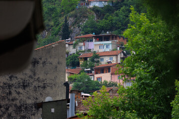 Beautiful houses and city streets, public place in Turkey, on a summer sunny day
