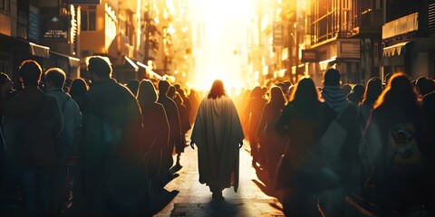 Jesus Christ in a cloak stands in a modern street backlit by light surrounded by people. Concept Religious Iconography, Urban Setting, Dramatic Lighting, Multicultural Community, Spiritual Presence - obrazy, fototapety, plakaty