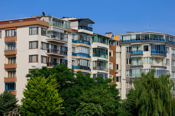 Beautiful houses and city streets, public place in Turkey, on a summer sunny day