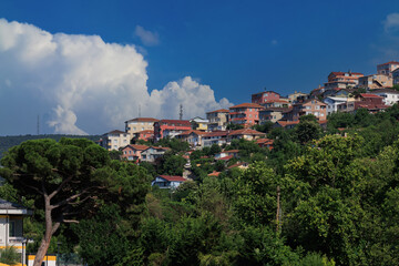 Obraz premium Beautiful houses and city streets of the southern city with green plants, public place in Turkey, on a summer sunny day