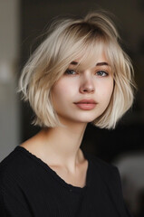 the hairstyle depicted is a soft-looking blonde short bob,  smooth looking blonde hair.  Short haircut style, blonde woman