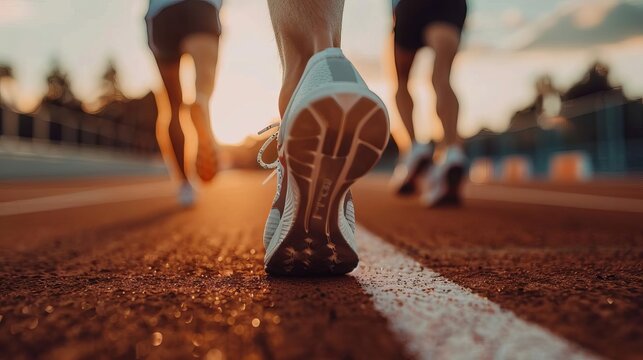 Atletas corriendo en pista de atletismo en competencia de verano, deporte y vida sana