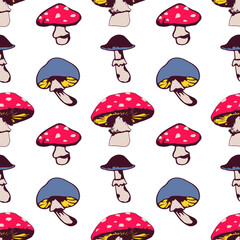 Poisonous bright mushrooms seamless pattern. Vector endless ornament.