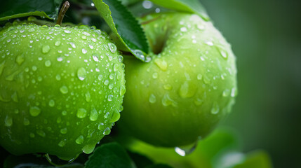 Zielone jabłka pokryte wielkimi kroplami deszczu - obrazy, fototapety, plakaty