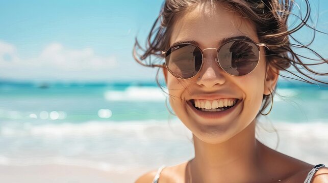 Beautiful smiling young woman wearing sunglasses on the beach, enjoying summer vacation and relaxation