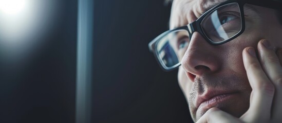Fototapeta premium professional and male person problem solving, looking for solution or planning, reading or focus on decision making. Handsome businessman looking out with hand on chin. Generative ai