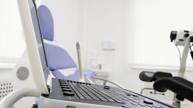 Interior of Gynecology Room in Medical Clinic. Gynecological Bed in Obstetrics and Gynecology Department of Hospital. Pregnancy Planning Concept