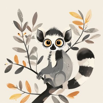 A painting of a lemura sitting on a tree branch, showcasing the animals distinctive features and natural habitat