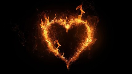Fototapeta premium Blazing fire flame in heart shape, passion and love symbol isolated on black background