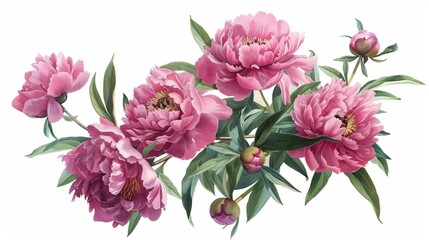 Bouquet of pink peonies flowers isolated on white background, floral still life, digital illustration