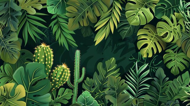 Botanical pattern with lush green leaves and exotic cacti, tropical floral garden design, nature-inspired vector illustration