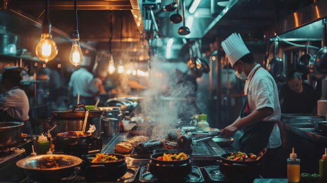 Busy restaurant kitchen with professional chefs cooking delicious food under beautiful lighting
