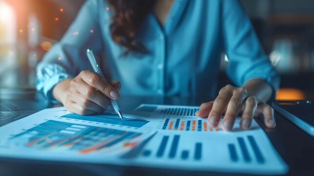 Businesswoman Analyzing Financial Report with Growth Chart, Accounting and Investment Concept, Digital Illustration