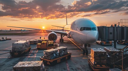 Cargo airplane being loaded with freight containers at busy international airport, logistics and transportation concept - obrazy, fototapety, plakaty