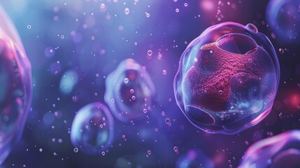 Cellular therapy and regeneration concept, microscopic view of stem cells, medical research illustration