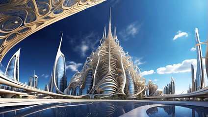 Vista de la ciudad del futuro con arquitectura espiral futurista y cielo despejado - obrazy, fototapety, plakaty