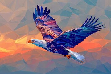 A regal eagle soars with outstretched wings in a low poly style