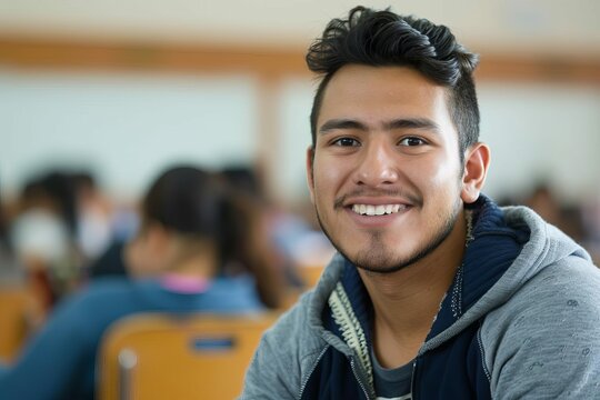 Smiling Latino male college student in classroom, copy space, education concept photo