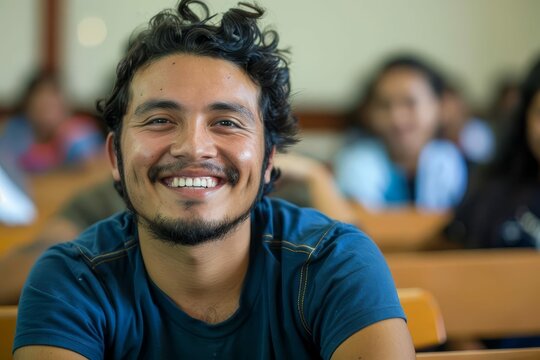 Smiling Latino male college student in classroom, copy space, education concept photo