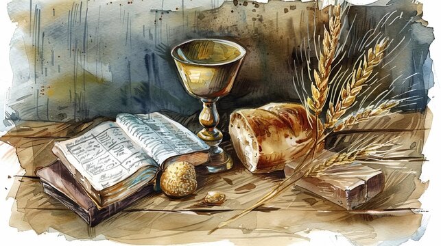 Christian Symbols of Communion Chalice, Bread, Bible, and Wheat on Rustic Wooden Table, Watercolor Illustration