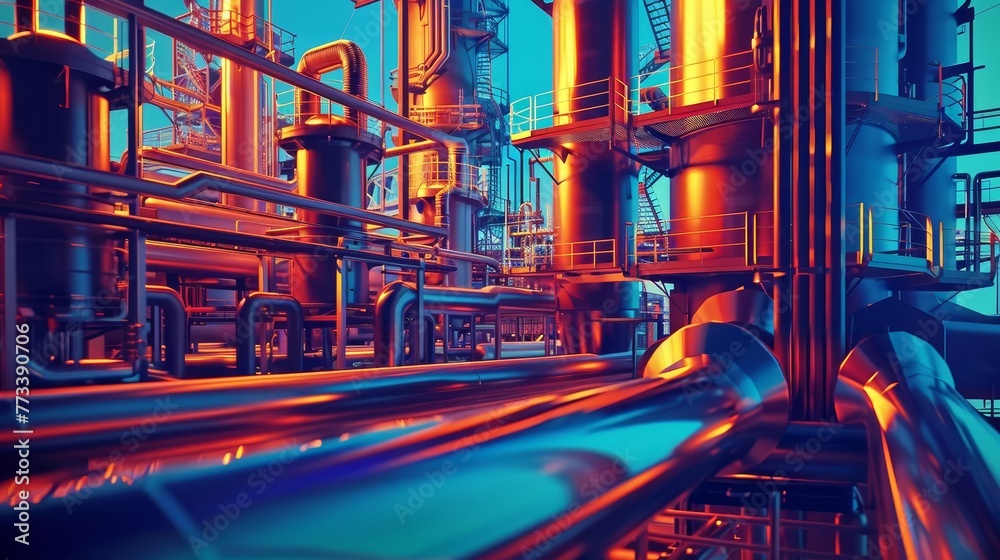 Wall mural Close up industrial view of oil refinery plant pipeline, energy industry illustration