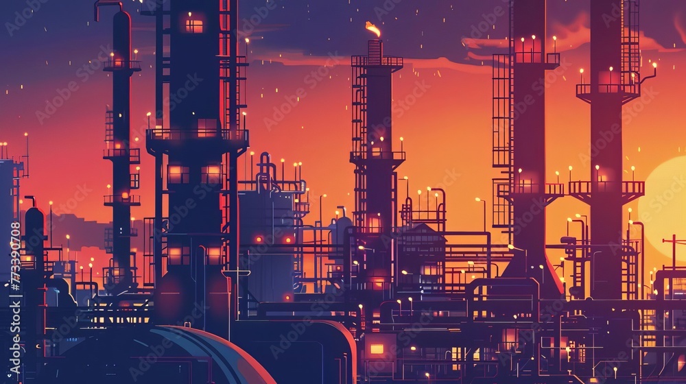 Wall mural close up industrial view of oil refinery plant pipeline, energy industry illustration