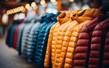 A row of colorful jackets hanging neatly on a metal rack in a store - obrazy, fototapety, plakaty
