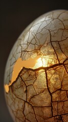 Close-up of eggshell, delicate cracks, illuminated from within