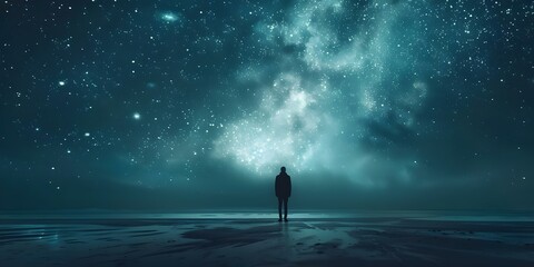 A lone figure gazes at a breathtaking celestial display. Concept Night Sky, Stargazing, Contemplation, Astronomy, Wonder - obrazy, fototapety, plakaty