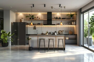 Sleek modular kitchen design with island for modern home, contemporary interior visualization - obrazy, fototapety, plakaty