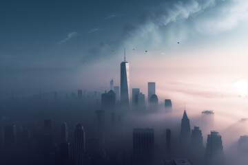 Manhattan skyline is shrouded in mist fog at early morning hours of New York City AI Generative
