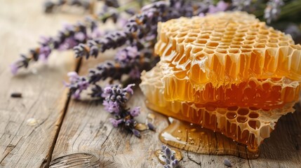 Close-up of honey in honeycombs and lavender on a rustic wooden table, natural ingredients - obrazy, fototapety, plakaty
