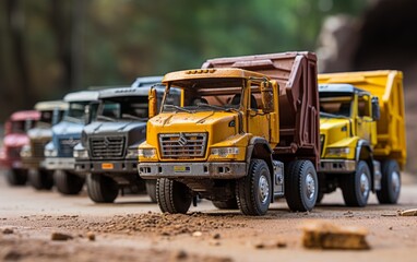 A lineup of powerful dump trucks parked neatly, showcasing their massive size and industrial strength