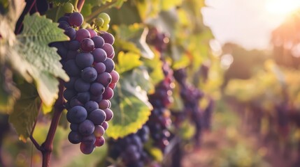 Close-up of ripe purple grapes growing on vine in picturesque vineyard, wine and agriculture concept - obrazy, fototapety, plakaty