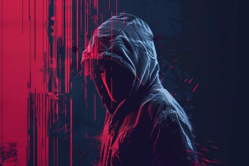Sinister hacker in mask with digital glitch effects on dark background, cybercrime and cybersecurity concept illustration - obrazy, fototapety, plakaty