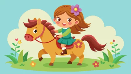 Muurstickers Aap girl-on-horse--cute-little-girl-riding-on-a-horse