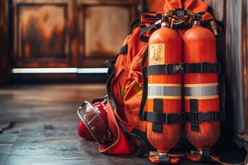 firefighter equipment on a floor with copy space, firefighter equipment closeup, firefighter bag and cap on the floor, firefighter elements on the floor, firefighter, fire background, firefighter bg