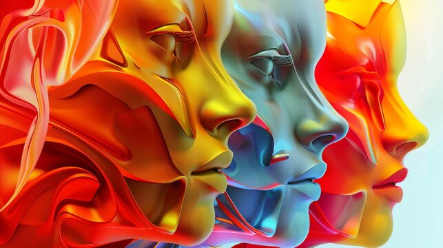 Colorful abstract human faces merged together, modern 3D render illustration
