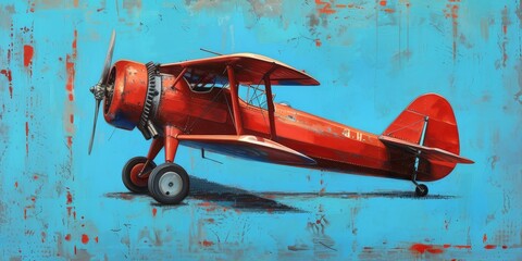 Red biplane airplane illustration on blue background - obrazy, fototapety, plakaty