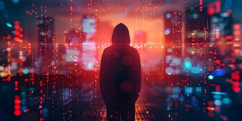 Silhouetted figure in hoodie against digital interfaces represents mysterious hacker in futuristic cyber security setting. Concept Hacker Aesthetic, Digital Intrigue, Futuristic Imagery